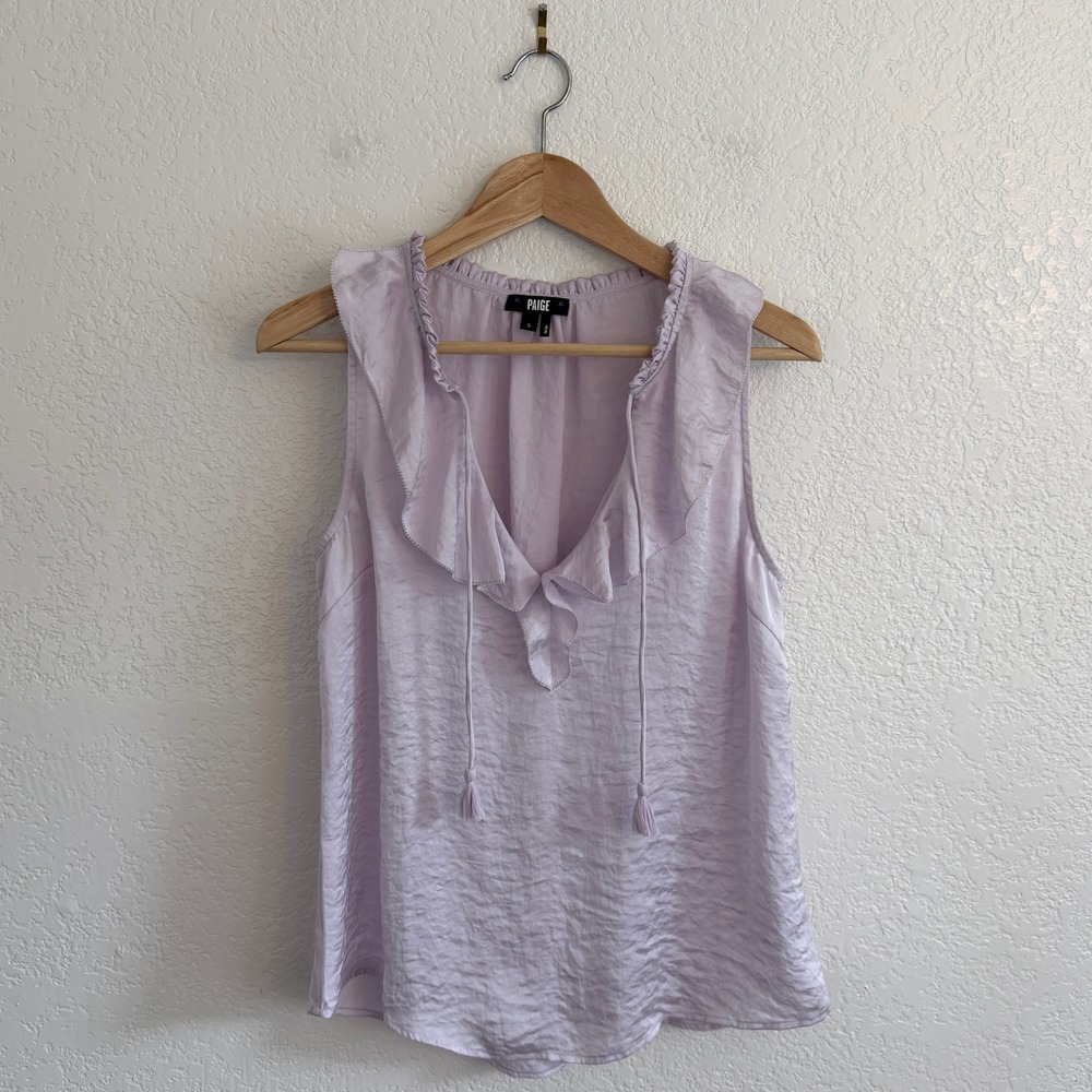 PAIGE Ruffle Split Neck Tassel Tie Sleeveless Top Lavender Fog Crinkle Satin‎
